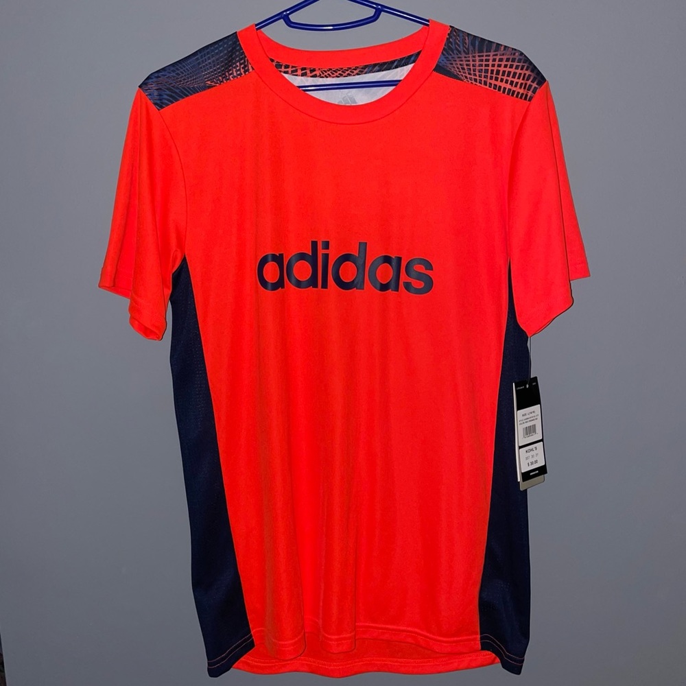 Adidas, Boys Youth L (14-16), Red-Orange with Navy Design Accents